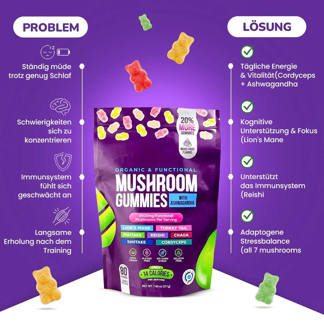 Focus & Calm Mushroom Gummies – 2500mg mit Lion’s Mane & Ashwagandha (80 pcs) - Image 4
