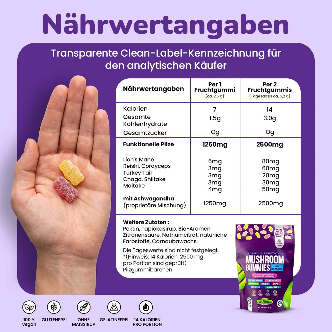 Focus & Calm Mushroom Gummies – 2500mg mit Lion’s Mane & Ashwagandha (80 pcs) - Image 7